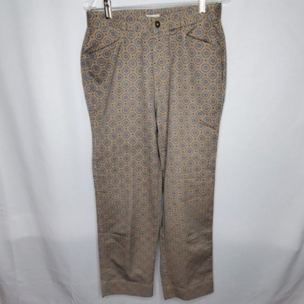 Liz Claiborne Tabitha All-Over Medallion Print Straight Leg Pants Tan Blue 10